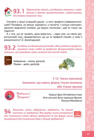 Ș
ă
ţ
33
Перепишіть текст, узгоджуючи іменники з наве-
деними у дужках прикметниками, займенниками,
дієсловами минулого часу.
Спитайте у (ваш) (старший) друзів – у кого професія (найромантичні-
ший)? Половина, не менше, відповість: у геологів. І скільки хлопчаків і
дівчаток (вирішити) напевне, що будуть геологами – дай їм тільки час
підрости!
А є такі, що не чекають, доки виростуть, – зараз уже, не гаючи (до-
рогоцінний) часу, придивляються: що це за професія (такий), у чому її
романтичність? (С. Богатирьова).
Складіть (за бажанням) розповідь «Моя улюблена професія»,
уживаючи назви людей за професією. Використайте також
іменники, що означають назви чоловічої та жіночої статі.
Запишіть назви зображених предметів. Чи можна
полічити ці предмети? Яка форма числа вживається
для позначення назви одного предмета? А яка форма числа
вживається для позначення двох і більше предметів?
93.1
93.2
Найме́ння – nume; poreclă.
Поли́н – pelin, peliniță.
§ 12. Число іменників
Іменники, що мають форму тільки множини
або тільки однини
Хороші друзі дістаються тим,
Хто сам уміє бути хорошим другом.
Нікколо Макіавеллі
Навчаюся!
Тренуюся!
94
Право для безоплатного розміщення підручника в мережі Інтернет має
Міністерство освіти і науки України http://mon.gov.ua/ та Інститут модернізації змісту освіти https://imzo.gov.ua
 