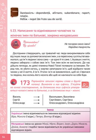 Ș
ă
ţ
64
Дослідники стверджують, що тривалий час люди виокремлювали себе
від інших лише за допомогою власних імен, а в первісному суспільстві вва-
жалося, що ім’я людини і вона сама – це одне й те саме. І, йшовши з життя,
людина забирала з собою своє ім’я. Тож імен всім не вистачало. До нас
дійшли легенди, як деякі племена Нової Гвінеї полювали за іменами. Пе-
ред тим, як убити когось, у жертви запитували ім’я, щоб відібрати таким
чином у неї й життя, й ім’я. Уголос ім'я не вимовлялося, щоб не з’явилася
та людина, яка колись його носила або щоб не накликати на себе біди.
Порівняйте записані парами слова в другій
колонці. Визначте в них суфікси. З’ясуйте
на основі спостереження, за допомогою яких суфіксів утворю-
ються чоловічі імена по батькові, а за допомогою яких – жіночі.
Василь				 Васильович, Василівна
Сергій				 Сергійович, Сергіївна
Олександр				 Олександрович, Олександрівна
Імена
Українські імена відмінюються як іменники відповідної відміни:
Віра, Микола (І відм.), Петро, Віктор (ІІ відм.).
Молдовські імена на зразок Міхай, Мірчя, Віорел, Іонел, Дорін; Міхаєла,
Дойна, Анжела і подібні також відмінюються як українські іменники
відповідних відмін.
Зале́жність – dependență, atîrnare; subordonare; raport;
relație.
Не́біж – nepot (de frate sau de soră).
§ 23. Написання та відмінювання чоловічих та
жіночих імен по батькові, зокрема молдовських
Прочитайте!
Це цікаво! Не посором свого імені!
Народна творчість
173
Право для безоплатного розміщення підручника в мережі Інтернет має
Міністерство освіти і науки України http://mon.gov.ua/ та Інститут модернізації змісту освіти https://imzo.gov.ua
 