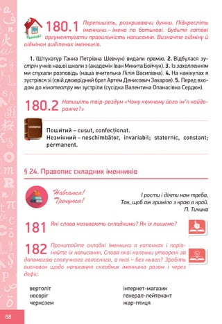 Ș
ă
ţ
68
Перепишіть, розкриваючи дужки. Підкресліть
іменники – імена по батькові. Будьте готові
аргументувати правильність написання. Визначте відміну й
відмінок виділених іменників.
1. (Штукатур Ганна Петрівна Шевчук) видали премію. 2. Відбулася зу-
стріч учнів нашої школи з (академік Іван Микита Бойчук). 3. Із захопленням
ми слухали розповідь (наша вчителька Лілія Василівна). 4. На канікулах я
зустрівся зі (свій двоюрідний брат Артем Денисович Захаров). 5. Перед вхо-
дом до кінотеатру ми зустріли (сусідка Валентина Опанасівна Сердюк).
Напишіть твір-роздум «Чому кожному його ім’я найдо-
рожче?»
Які слова називають складними? Як їх пишемо?
Прочитайте складні іменники в колонках і порів-
няйте їх написання. Слова якої колонки утворені за
допомогою сполучного голосного, а якої – без нього? Зробіть
висновок щодо написання складних іменників разом і через
дефіс.
вертоліт
носоріг
чернозем
інтернет-магазин
генерал-лейтенант
жар-птиця
180.1
180.2
Поши́тий – cusut, confecționat.
Незмі́нний – neschimbător, invariabil; statornic, constant;
permanent.
§ 24. Правопис складних іменників
І рости і діяти нам треба,
Так, щоб аж гриміло з краю в край.
П. Тичина
Навчаюся!
Тренуюся!
181
182
Право для безоплатного розміщення підручника в мережі Інтернет має
Міністерство освіти і науки України http://mon.gov.ua/ та Інститут модернізації змісту освіти https://imzo.gov.ua
 