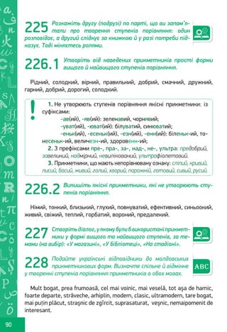 Ș
ă
ţ
90
Розкажіть другу (подрузі) по парті, що ви запам’я-
тали про творення ступенів порівняння: один
розповідає, а другий слідкує за книжкою й у разі потреби під-
казує. Тоді міняєтесь ролями.
Утворіть від наведених прикметників прості форми
вищого й найвищого ступенів порівняння.
Рідний, солодкий, вірний, правильний, добрий, смачний, дружний,
гарний, добрий, дорогий, солодкий.
Випишіть якісні прикметники, які не утворюють сту-
пенів порівняння.
Німий, тонкий, близький, глухий, повнуватий, ефективний, синьоокий,
живий, свіжий, теплий, горбатий, вороний, предалекий.
Створітьдіалог,уякомубулибвикористаніприкмет-
ники у формі вищого та найвищого ступенів, за те-
мами (на вибір): «У магазині», «У бібліотеці», «На стадіоні».
Подайте українські відповідники до молдовських
прикметникових форм. Визначте спільне й відмінне
у творенні ступенів порівняння прикметників в обох мовах.
Mult bogat, prea frumoasă, cel mai voinic, mai veselă, tot așa de harnic,
foarte departe, străveche, arhiplin, modern, clasic, ultramodern, tare bogat,
mai puțin plăcut, strașnic de zgîrcit, suprasaturat, veșnic, nemaipomenit de
interesant.
225
226.1
1. Не утворюють ступенів порівняння якісні прикметники: із
суфіксами:
	 -ав(ий), -яв(ий): зеленавий, чорнявий;
	 -уват(ий), -юват(ий): білуватий, синюватий;
	 -еньк(ий), -есеньк(ий), -езн(ий), -енн(ий): біленьк-ий, то-
несеньк-ий, величезн-ий, здоровенн-ий;
2. З префіксами пре-, пра-, за-, над-, не-, ультра: предобрий,
завеликий, надмірний, невилікований, ультрафіолетовий.
3. Прикметники, що мають непорівнювану ознаку: сліпий, кривий,
лисий, босий, живий, голий, хворий, порожній, готовий, сивий, русий.
226.2
227
228
Право для безоплатного розміщення підручника в мережі Інтернет має
Міністерство освіти і науки України http://mon.gov.ua/ та Інститут модернізації змісту освіти https://imzo.gov.ua
 