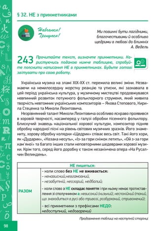 Ș
ă
ţ
98
Прочитайте текст, визначте прикметники. Ко-
ристуючись поданою нижче таблицею, спробуй-
те пояснити написання НЕ в прикметниках. Будьте готові
звітувати про свою роботу.
Українська музика на зламі XIX-XX ст. пережила великі зміни. Незва-
жаючи на немилосердну жорстку реакцію та утиски, які зазнавала в
цей період українська культура, у музичному мистецтві продовжувався
невпинний розвиток потужного фольклорного струменя, який живила
творчість невтомних українських композиторів – Якова Степового, Кири-
ла Стеценка та Миколи Леонтовича.
Незрівнянний талант Миколи Леонтовича особливо яскраво проявився
в хоровій творчості, насамперед у галузі обробки пісенного фольклору.
Блискучий знавець національної хорової культури, композитор підняв
обробку народної пісні на рівень світових музичних зразків. Його знаме-
ниту, хорову обробку колядки «Щедрик» співає весь світ. Такі його хори,
як «Дударик», «Козака несуть», «Із-за гори сніжок летить», «Ой з-за гори
кам'яної» та багато інших стали неповторними шедеврами хорової музи-
ки. Крім того, серед його доробку є також незакінчена опера «На Русал-
чин Великдень».
НЕ пишеться:
РАЗОМ
- коли слово без НЕ не вживається:
- ненависний,невгамовний,
- незабутній, неозорий, недбалий;
- коли слово з НЕ складає поняття і при ньому немає протистав-
лення зі сполучником а: невисокий (низький), неспокійний (такий,
що знаходиться в русі або тривозі, розбурханий, стривожений);
- всі прикметники з префіксами НЕДО:
недоступний, недоварений
§ 32. НЕ з прикметниками
Ми повинні бути лагідними,
благочестивими й особливо
щедрими в любові до ближніх
А. Ведель
Навчаюся!
Тренуюся!
243
Продовження таблиці на наступній сторінці
Право для безоплатного розміщення підручника в мережі Інтернет має
Міністерство освіти і науки України http://mon.gov.ua/ та Інститут модернізації змісту освіти https://imzo.gov.ua
 