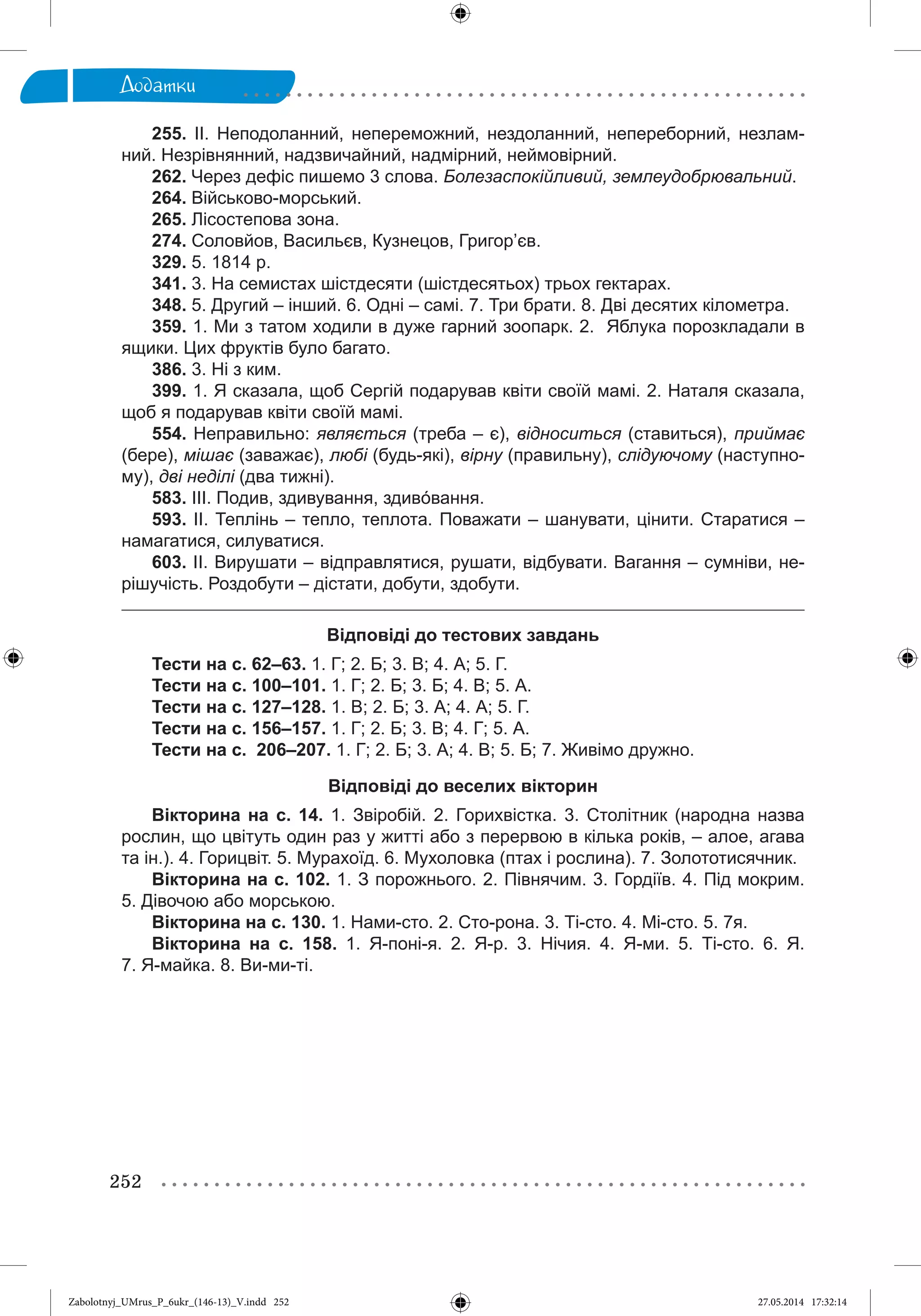252
Äîäàòêè
255. ІІ. Неподоланний, непереможний, нездоланний, непереборний, незлам-
ний. Незрівнянний, надзвичайний, надмірний, неймовірний.
262. Через дефіс пишемо 3 слова. Болезаспокійливий, землеудобрювальний.
264. Військово-морський.
265. Лісостепова зона.
274. Соловйов, Васильєв, Кузнецов, Григор’єв.
329. 5. 1814 р.
341. 3. На семистах шістдесяти (шістдесятьох) трьох гектарах.
348. 5. Другий – інший. 6. Одні – самі. 7. Три брати. 8. Дві десятих кілометра.
359. 1. Ми з татом ходили в дуже гарний зоопарк. 2. Яблука порозкладали в
ящики. Цих фруктів було багато.
386. 3. Ні з ким.
399. 1. Я сказала, щоб Сергій подарував квіти своїй мамі. 2. Наталя сказала,
щоб я подарував квіти своїй мамі.
554. Неправильно: являється (треба – є), відноситься (ставиться), приймає
(бере), мішає (заважає), любі (будь-які), вірну (правильну), слідуючому (наступно-
му), дві неділі (два тижні).
583. ІІІ. Подив, здивування, здивóвання.
593. ІІ. Теплінь – тепло, теплота. Поважати – шанувати, цінити. Старатися –
намагатися, силуватися.
603. ІІ. Вирушати – відправлятися, рушати, відбувати. Вагання – сумніви, не-
рішучість. Роздобути – дістати, добути, здобути.
Відповіді до тестових завдань
Тести на с. 62–63. 1. Г; 2. Б; 3. В; 4. А; 5. Г.
Тести на с. 100–101. 1. Г; 2. Б; 3. Б; 4. В; 5. А.
Тести на с. 127–128. 1. В; 2. Б; 3. А; 4. А; 5. Г.
Тести на с. 156–157. 1. Г; 2. Б; 3. В; 4. Г; 5. А.
Тести на с. 206–207. 1. Г; 2. Б; 3. А; 4. В; 5. Б; 7. Живімо дружно.
Відповіді до веселих вікторин
Вікторина на с. 14. 1. Звіробій. 2. Горихвістка. 3. Столітник (народна назва
рослин, що цвітуть один раз у житті або з перервою в кілька років, – алое, агава
та ін.). 4. Горицвіт. 5. Мурахоїд. 6. Мухоловка (птах і рослина). 7. Золототисячник.
Вікторина на с. 102. 1. З порожнього. 2. Півнячим. 3. Гордіїв. 4. Під мокрим.
5. Дівочою або морською.
Вікторина на с. 130. 1. Нами-сто. 2. Сто-рона. 3. Ті-сто. 4. Мі-сто. 5. 7я.
Вікторина на с. 158. 1. Я-поні-я. 2. Я-р. 3. Нічия. 4. Я-ми. 5. Ті-сто. 6. Я.
7. Я-майка. 8. Ви-ми-ті.
Zabolotnyj_UMrus_P_6ukr_(146-13)_V.indd 252Zabolotnyj_UMrus_P_6ukr_(146-13)_V.indd 252 27.05.2014 17:32:1427.05.2014 17:32:14
 