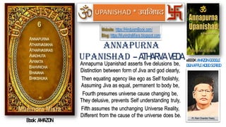 Annapurna Upanishad asserts five delusions be,
Distinction between form of Jiva and god clearly,
Then equating agency like ego as Self foolishly,
Assuming Jiva as equal, permanent to body be,
Fourth presumes universe cause changing be,
They delusive, prevents Self understanding truly,
Fifth assumes the unchanging Universe Reality,
Different from the cause of the universe does be.
ANNAPURNA
UPANISHAD – ATHARVA VEDA eBOOK:AMAZON GOOGLE
B&N APPLE KOBO SCRIBD
Book: AMAZON
Website: https://HinduismBook.com/
Blog: https://MunindraMisra.blogspot.com/
UPANISHAD
 