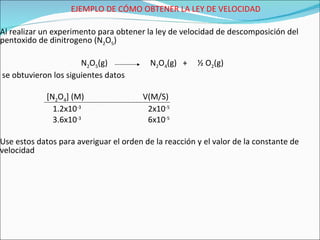   EJEMPLO DE CÓMO OBTENER LA LEY DE VELOCIDAD Al realizar un experimento para obtener la ley de velocidad de descomposición del pentoxido de dinitrogeno (N 2 O 5 ) N 2 O 5 (g)  N 2 O 4 (g)  +  ½ O 2 (g) se obtuvieron los siguientes datos [ N 2 O 4 ] (M)  V(M/S) 1.2x10 -3   2x10 -5 3.6x10 -3   6x10 -5 Use estos datos para averiguar el orden de la reacción y el valor de la constante de velocidad 