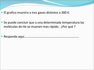 El grafico muestra a tres gases distintos a 300 K.  Se puede concluir que a una determinada temperatura las moléculas de He se mueven mas rápido.  ¿Por qué ? Responda aqui……………………………………………………………. 