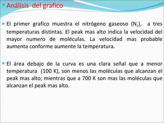 Análisis  del grafico El primer grafico muestra el nitrógeno gaseoso (N 2 ),  a tres temperaturas distintas. El peak mas alto indica la velocidad del mayor numero de moléculas. La velocidad mas probable aumenta conforme aumente la temperatura. El área debajo de la curva es una clara señal que a menor temperatura  (100 K), son menos las moléculas que alcanzan el peak mas alto; mientras que a 700 K son mas las moléculas que alcanzan el peak mas alto. 