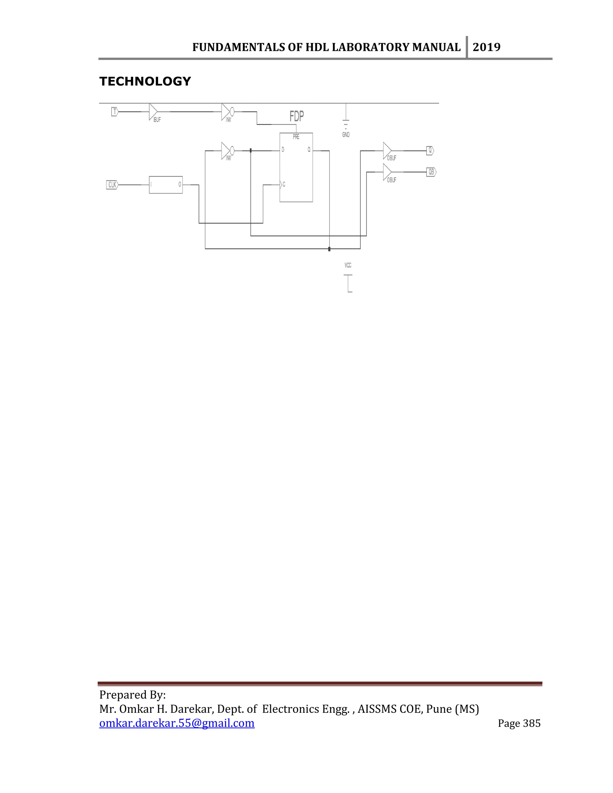 FUNDAMENTALS OF HDL LABORATORY MANUAL 2019
Prepared By:
Mr. Omkar H. Darekar, Dept. of Electronics Engg. , AISSMS COE, Pune (MS)
omkar.darekar.55@gmail.com Page 385
TECHNOLOGY
 