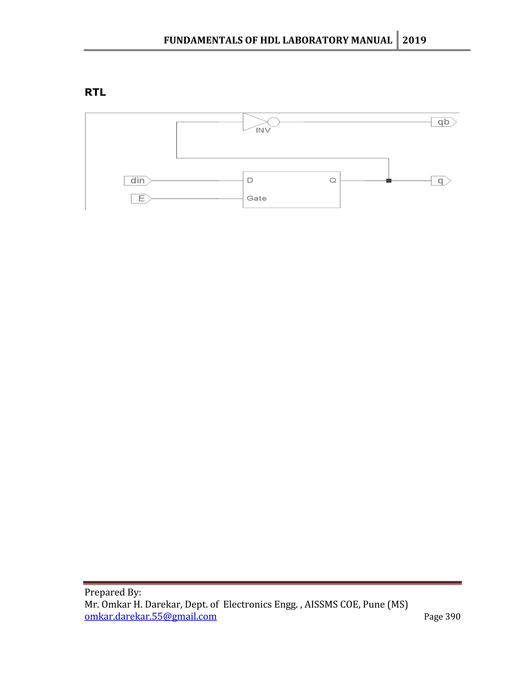 FUNDAMENTALS OF HDL LABORATORY MANUAL 2019
Prepared By:
Mr. Omkar H. Darekar, Dept. of Electronics Engg. , AISSMS COE, Pune (MS)
omkar.darekar.55@gmail.com Page 390
RTL
 