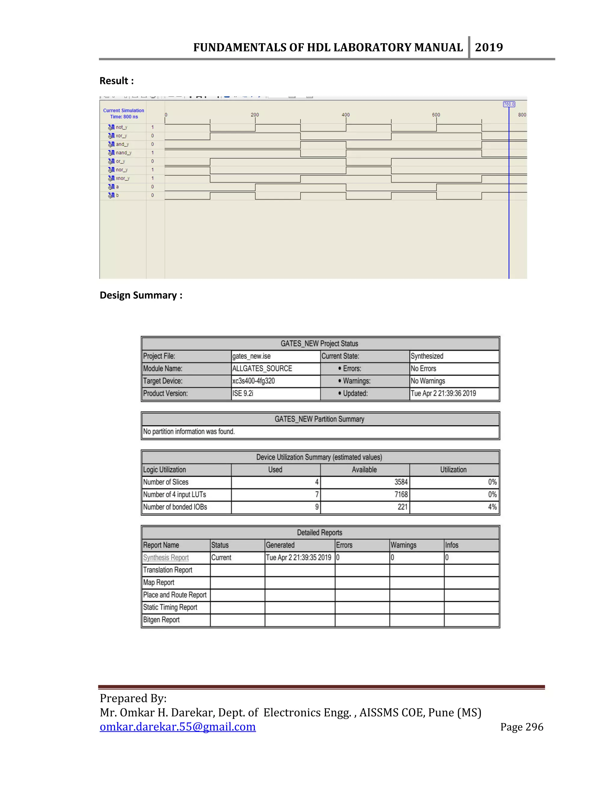 FUNDAMENTALS OF HDL LABORATORY MANUAL 2019
Prepared By:
Mr. Omkar H. Darekar, Dept. of Electronics Engg. , AISSMS COE, Pune (MS)
omkar.darekar.55@gmail.com Page 296
Result :
Design Summary :
 