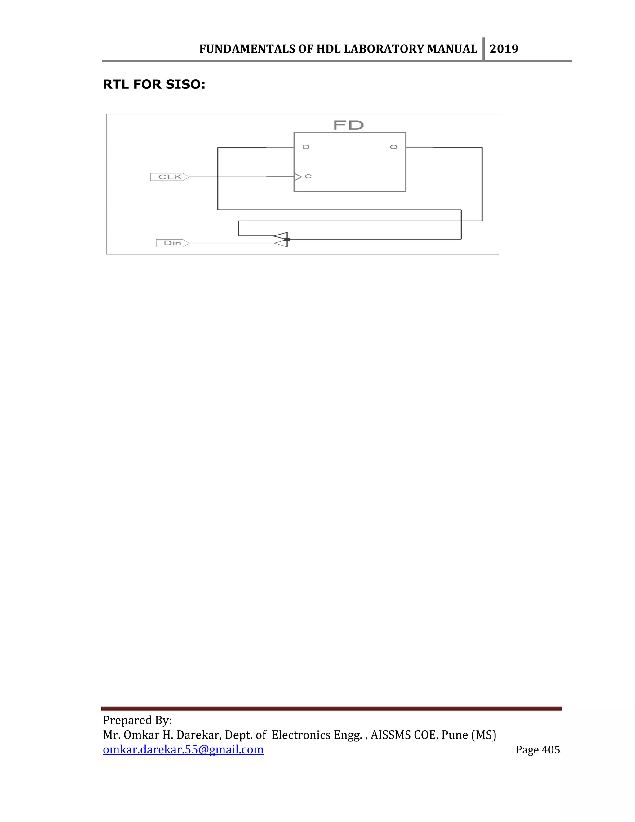FUNDAMENTALS OF HDL LABORATORY MANUAL 2019
Prepared By:
Mr. Omkar H. Darekar, Dept. of Electronics Engg. , AISSMS COE, Pune (MS)
omkar.darekar.55@gmail.com Page 405
RTL FOR SISO:
 