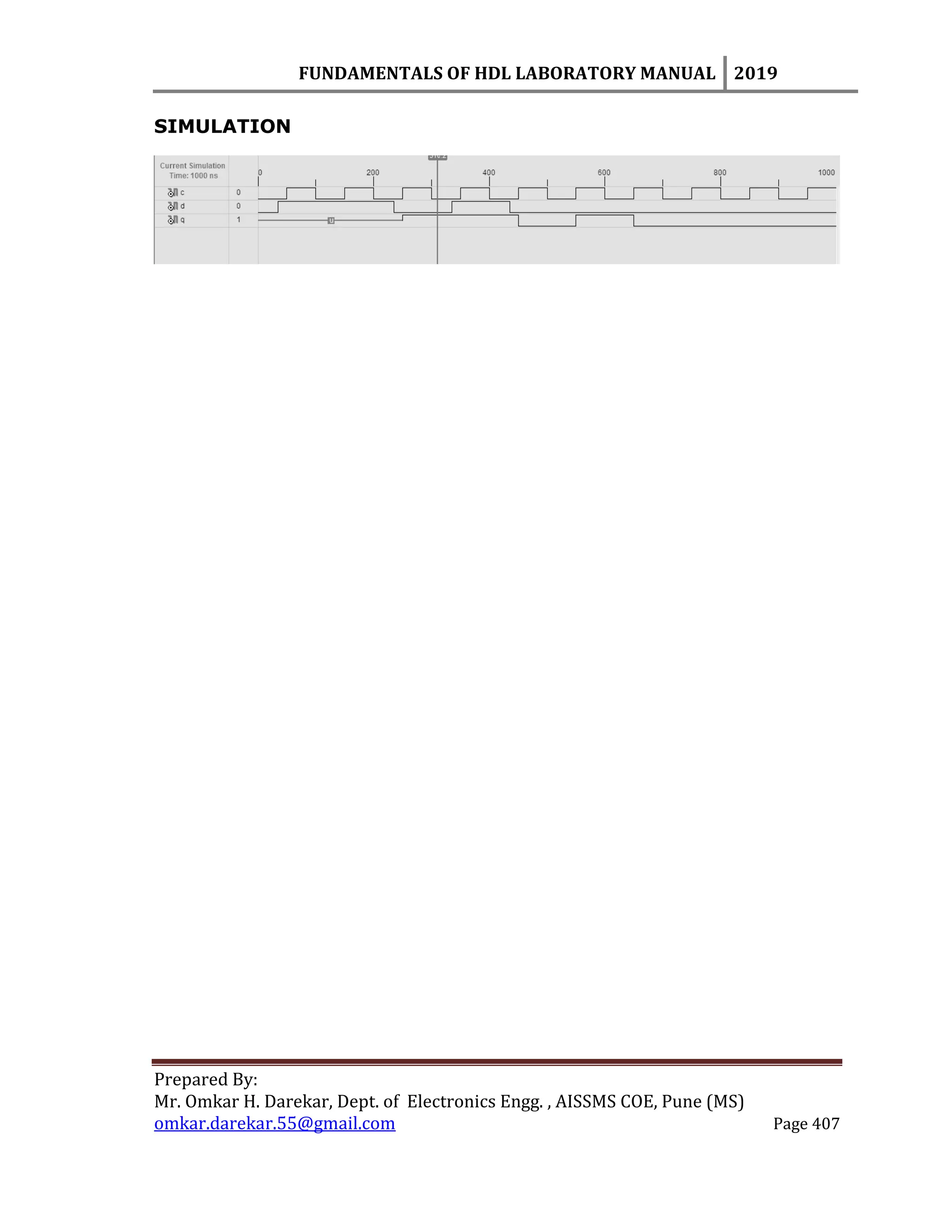 FUNDAMENTALS OF HDL LABORATORY MANUAL 2019
Prepared By:
Mr. Omkar H. Darekar, Dept. of Electronics Engg. , AISSMS COE, Pune (MS)
omkar.darekar.55@gmail.com Page 407
SIMULATION
 