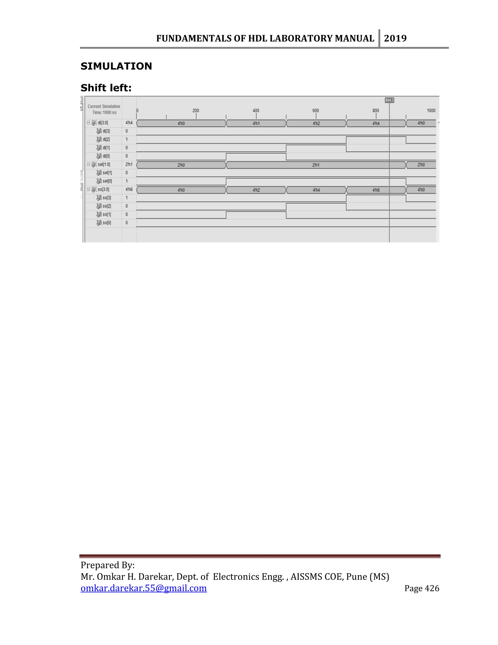 FUNDAMENTALS OF HDL LABORATORY MANUAL 2019
Prepared By:
Mr. Omkar H. Darekar, Dept. of Electronics Engg. , AISSMS COE, Pune (MS)
omkar.darekar.55@gmail.com Page 426
SIMULATION
Shift left:
 