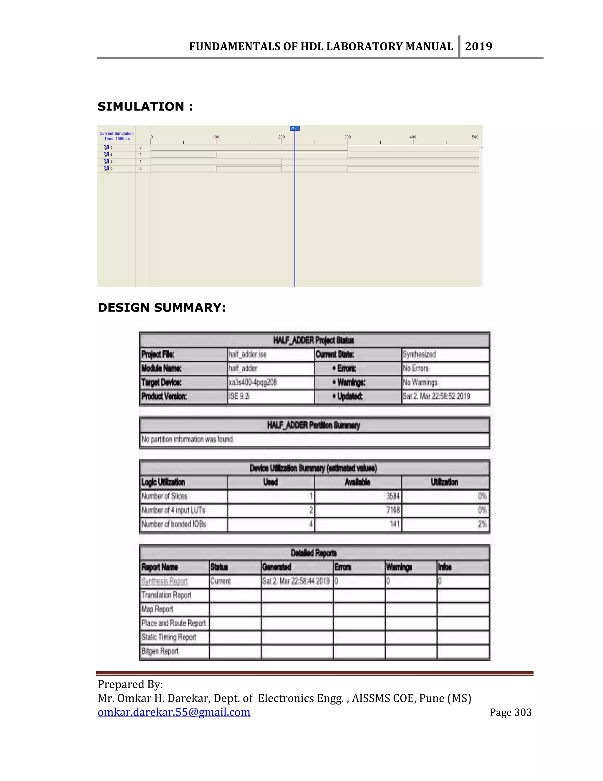 FUNDAMENTALS OF HDL LABORATORY MANUAL 2019
Prepared By:
Mr. Omkar H. Darekar, Dept. of Electronics Engg. , AISSMS COE, Pune (MS)
omkar.darekar.55@gmail.com Page 303
SIMULATION :
DESIGN SUMMARY:
 