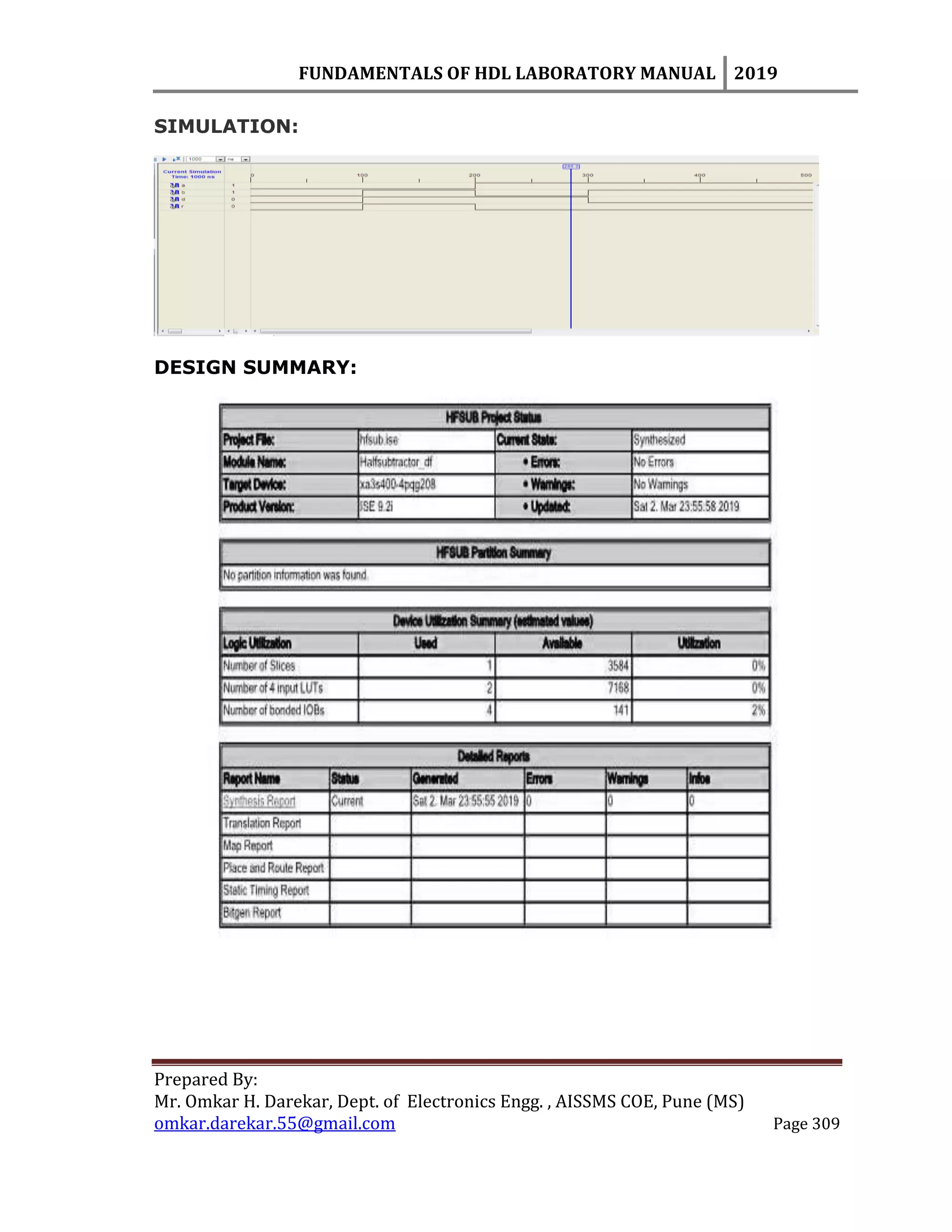 FUNDAMENTALS OF HDL LABORATORY MANUAL 2019
Prepared By:
Mr. Omkar H. Darekar, Dept. of Electronics Engg. , AISSMS COE, Pune (MS)
omkar.darekar.55@gmail.com Page 309
SIMULATION:
DESIGN SUMMARY:
 