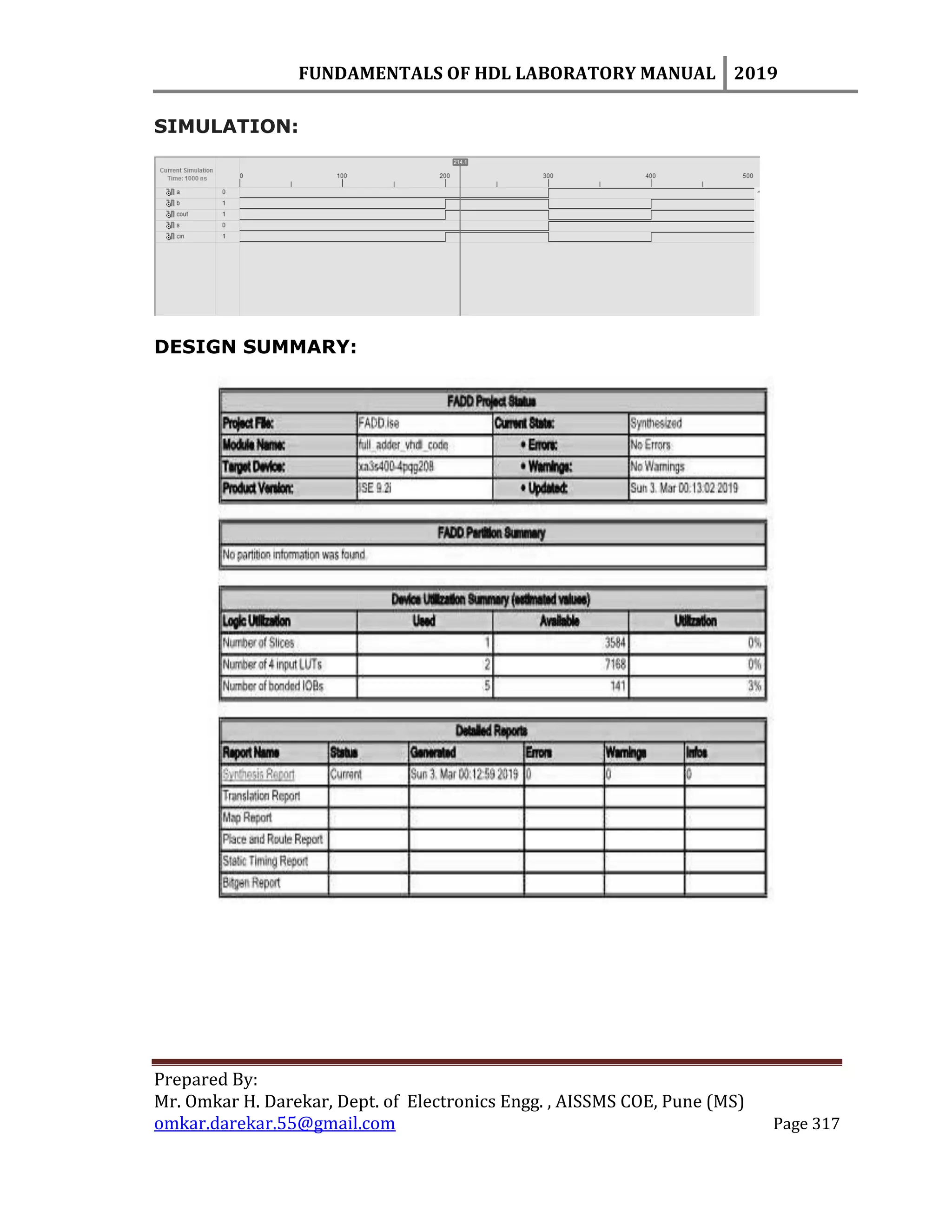 FUNDAMENTALS OF HDL LABORATORY MANUAL 2019
Prepared By:
Mr. Omkar H. Darekar, Dept. of Electronics Engg. , AISSMS COE, Pune (MS)
omkar.darekar.55@gmail.com Page 317
SIMULATION:
DESIGN SUMMARY:
 