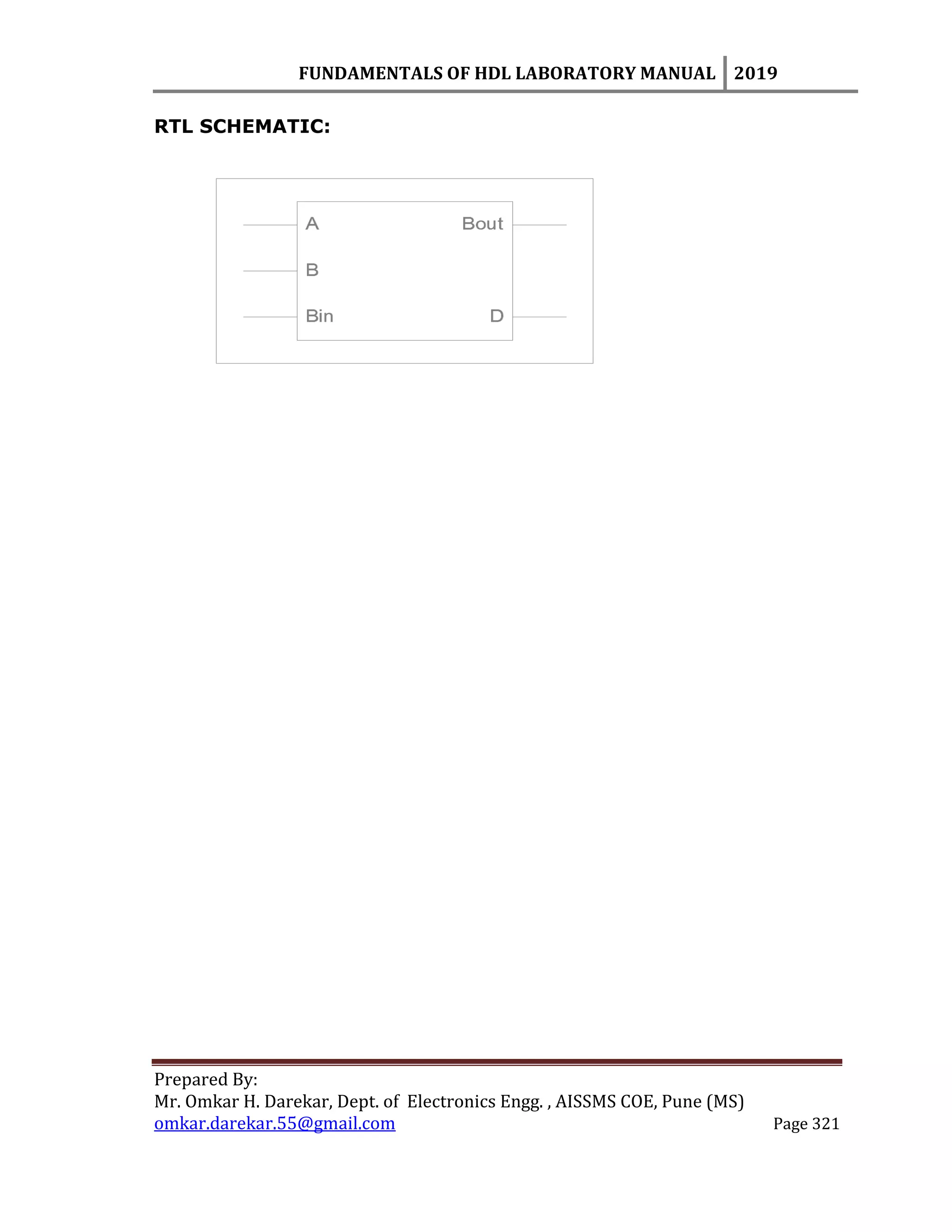 FUNDAMENTALS OF HDL LABORATORY MANUAL 2019
Prepared By:
Mr. Omkar H. Darekar, Dept. of Electronics Engg. , AISSMS COE, Pune (MS)
omkar.darekar.55@gmail.com Page 321
RTL SCHEMATIC:
 