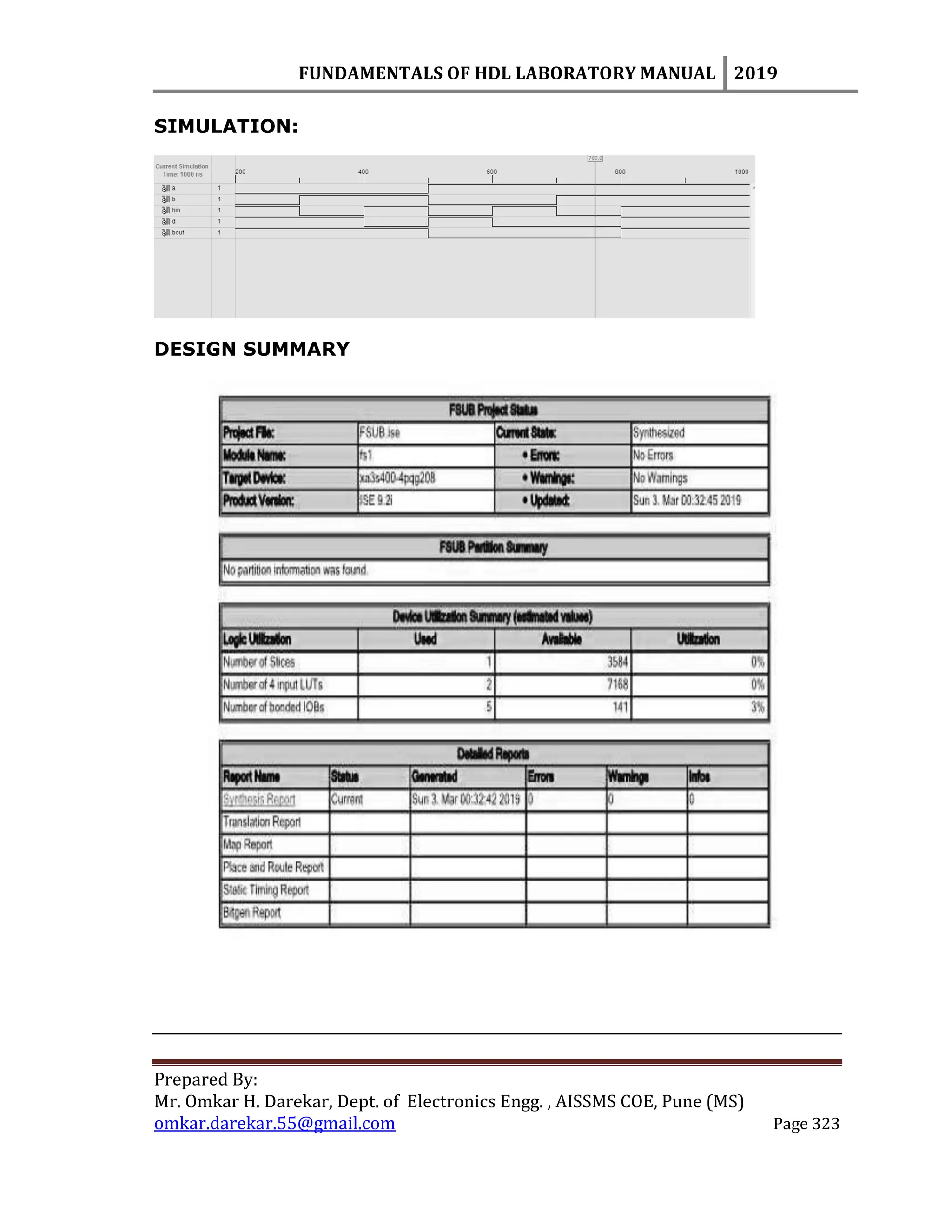 FUNDAMENTALS OF HDL LABORATORY MANUAL 2019
Prepared By:
Mr. Omkar H. Darekar, Dept. of Electronics Engg. , AISSMS COE, Pune (MS)
omkar.darekar.55@gmail.com Page 323
SIMULATION:
DESIGN SUMMARY
 