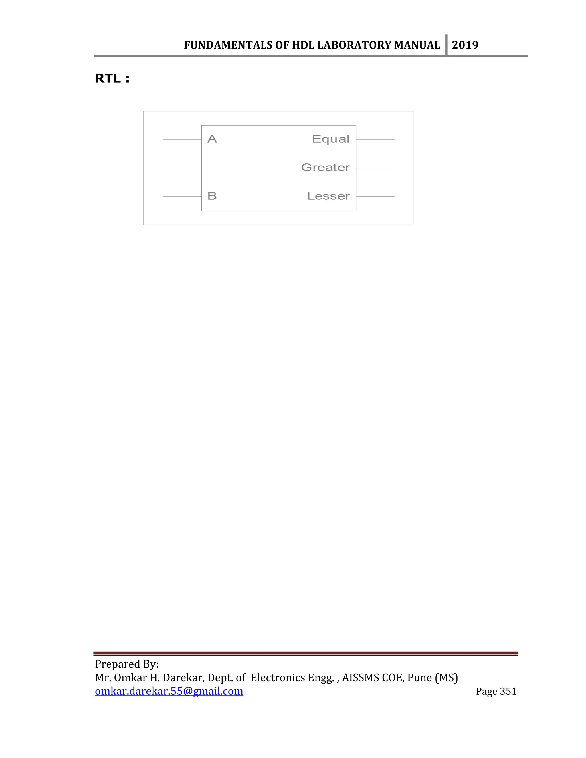 FUNDAMENTALS OF HDL LABORATORY MANUAL 2019
Prepared By:
Mr. Omkar H. Darekar, Dept. of Electronics Engg. , AISSMS COE, Pune (MS)
omkar.darekar.55@gmail.com Page 351
RTL :
 