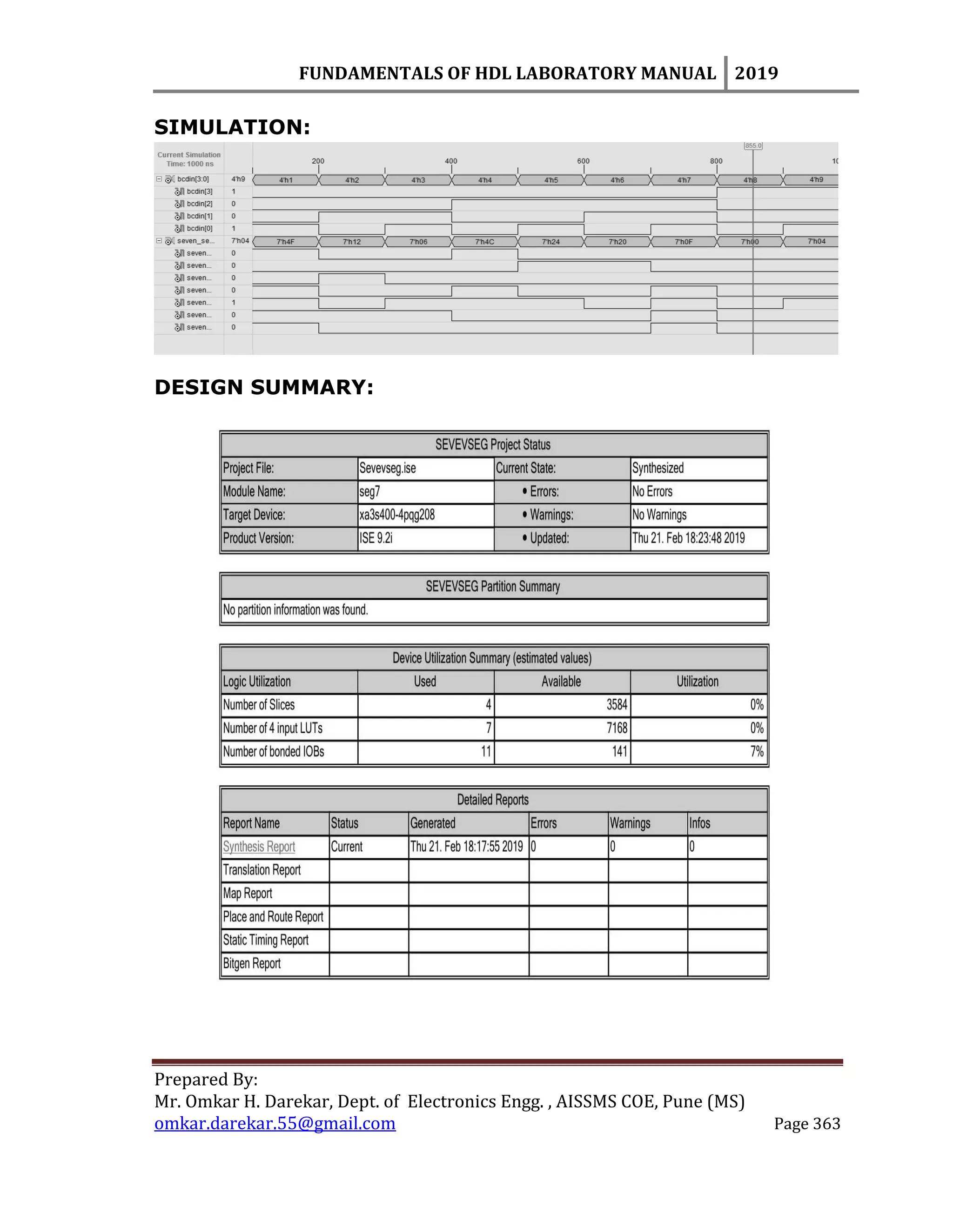 FUNDAMENTALS OF HDL LABORATORY MANUAL 2019
Prepared By:
Mr. Omkar H. Darekar, Dept. of Electronics Engg. , AISSMS COE, Pune (MS)
omkar.darekar.55@gmail.com Page 363
SIMULATION:
DESIGN SUMMARY:
 
