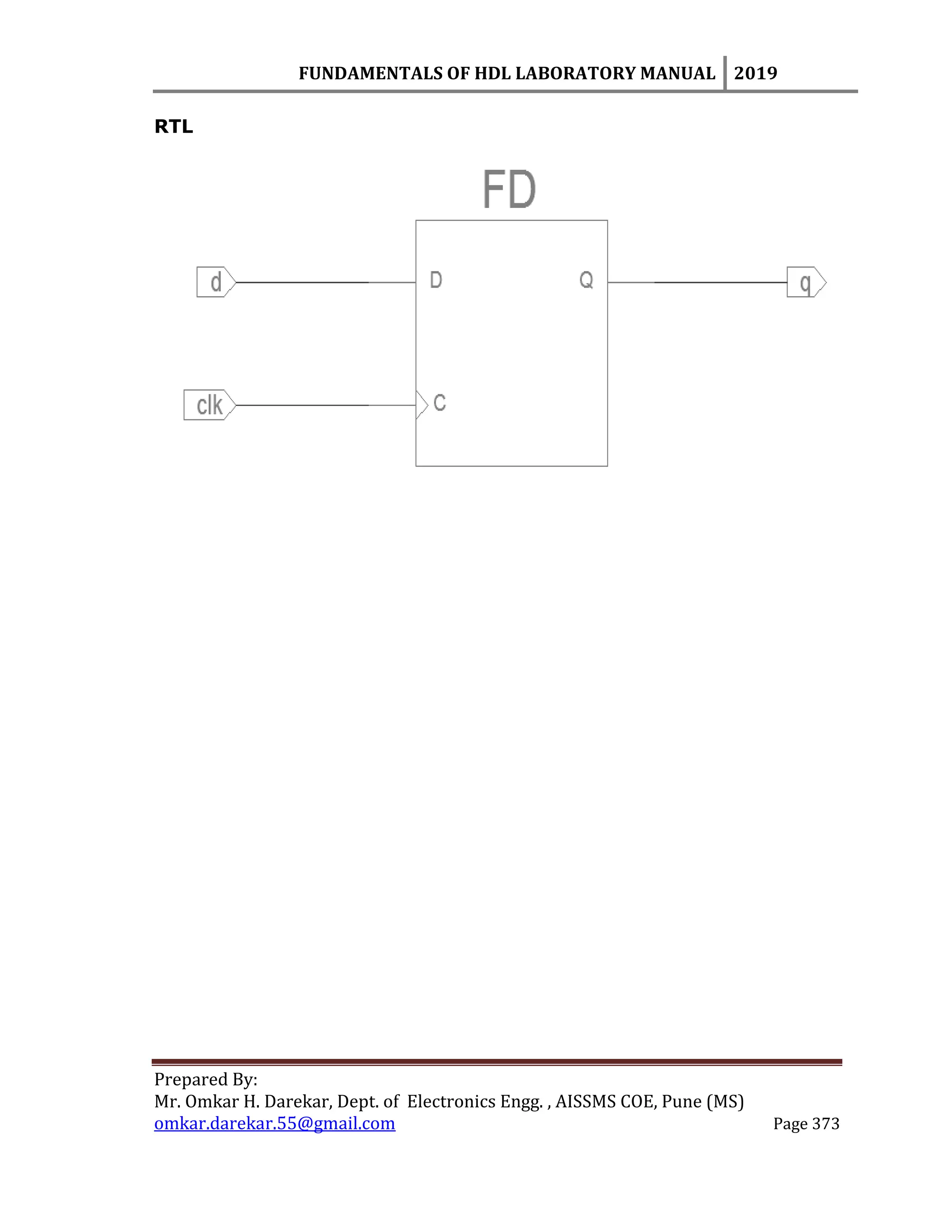 FUNDAMENTALS OF HDL LABORATORY MANUAL 2019
Prepared By:
Mr. Omkar H. Darekar, Dept. of Electronics Engg. , AISSMS COE, Pune (MS)
omkar.darekar.55@gmail.com Page 373
RTL
 