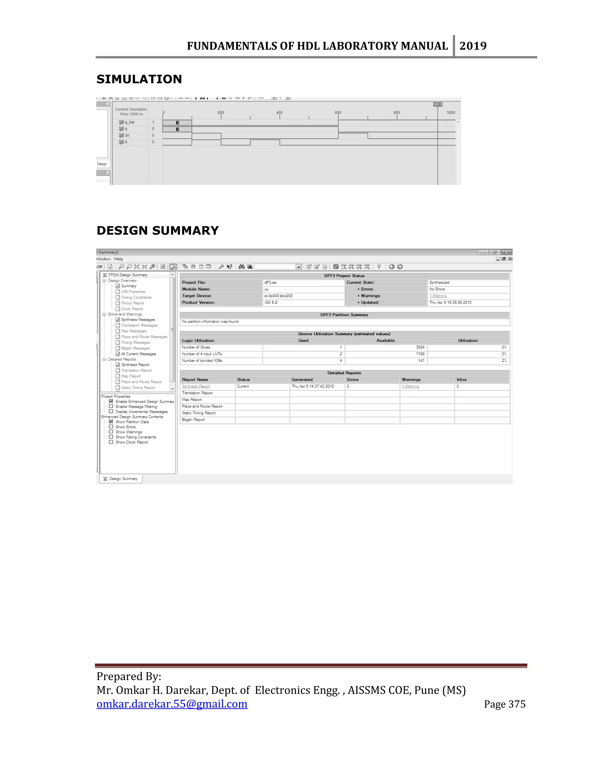 FUNDAMENTALS OF HDL LABORATORY MANUAL 2019
Prepared By:
Mr. Omkar H. Darekar, Dept. of Electronics Engg. , AISSMS COE, Pune (MS)
omkar.darekar.55@gmail.com Page 375
SIMULATION
DESIGN SUMMARY
 