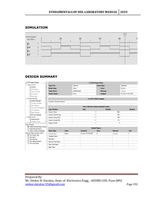 FUNDAMENTALS OF HDL LABORATORY MANUAL 2019
Prepared By:
Mr. Omkar H. Darekar, Dept. of Electronics Engg. , AISSMS COE, Pune (MS)
omkar.darekar.55@gmail.com Page 392
SIMULATION
DESIGN SUMMARY
 