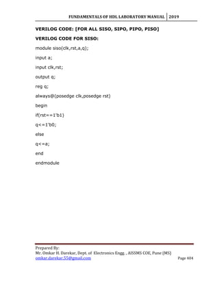FUNDAMENTALS OF HDL LABORATORY MANUAL 2019
Prepared By:
Mr. Omkar H. Darekar, Dept. of Electronics Engg. , AISSMS COE, Pune (MS)
omkar.darekar.55@gmail.com Page 404
VERILOG CODE: [FOR ALL SISO, SIPO, PIPO, PISO]
VERILOG CODE FOR SISO:
module siso(clk,rst,a,q);
input a;
input clk,rst;
output q;
reg q;
always@(posedge clk,posedge rst)
begin
if(rst==1'b1)
q<=1'b0;
else
q<=a;
end
endmodule
 