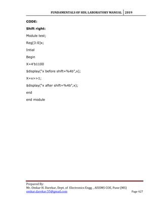 FUNDAMENTALS OF HDL LABORATORY MANUAL 2019
Prepared By:
Mr. Omkar H. Darekar, Dept. of Electronics Engg. , AISSMS COE, Pune (MS)
omkar.darekar.55@gmail.com Page 427
CODE:
Shift right:
Module test;
Reg[3:0]x;
Intial
Begin
X=4‟b1100
$display(“x before shift=%4b”,x);
X=x>>1;
$display(“x after shift=%4b”,x);
end
end module
 