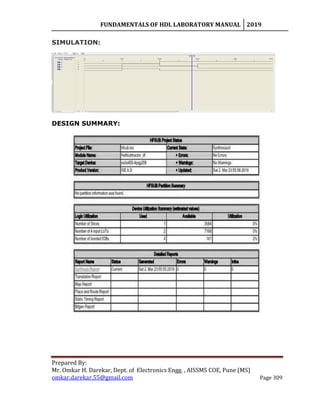 FUNDAMENTALS OF HDL LABORATORY MANUAL 2019
Prepared By:
Mr. Omkar H. Darekar, Dept. of Electronics Engg. , AISSMS COE, Pune (MS)
omkar.darekar.55@gmail.com Page 309
SIMULATION:
DESIGN SUMMARY:
 