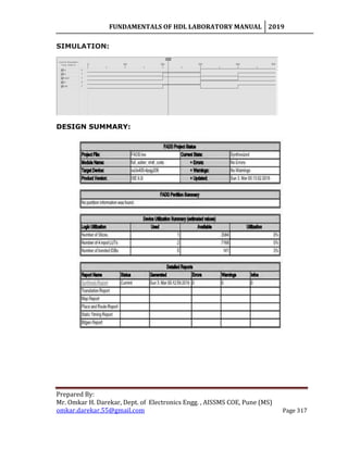 FUNDAMENTALS OF HDL LABORATORY MANUAL 2019
Prepared By:
Mr. Omkar H. Darekar, Dept. of Electronics Engg. , AISSMS COE, Pune (MS)
omkar.darekar.55@gmail.com Page 317
SIMULATION:
DESIGN SUMMARY:
 