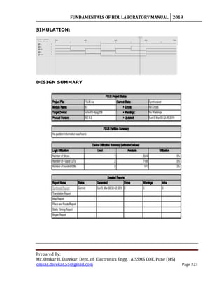 FUNDAMENTALS OF HDL LABORATORY MANUAL 2019
Prepared By:
Mr. Omkar H. Darekar, Dept. of Electronics Engg. , AISSMS COE, Pune (MS)
omkar.darekar.55@gmail.com Page 323
SIMULATION:
DESIGN SUMMARY
 