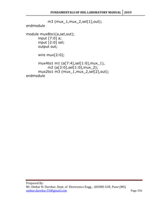 FUNDAMENTALS OF HDL LABORATORY MANUAL 2019
Prepared By:
Mr. Omkar H. Darekar, Dept. of Electronics Engg. , AISSMS COE, Pune (MS)
omkar.darekar.55@gmail.com Page 336
m3 (mux_1,mux_2,sel[1],out);
endmodule
module mux8to1(a,sel,out);
input [7:0] a;
input [2:0] sel;
output out;
wire mux[2:0];
mux4to1 m1 (a[7:4],sel[1:0],mux_1),
m2 (a[3:0],sel[1:0],mux_2);
mux2to1 m3 (mux_1,mux_2,sel[2],out);
endmodule
 