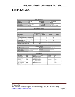 FUNDAMENTALS OF HDL LABORATORY MANUAL 2019
Prepared By:
Mr. Omkar H. Darekar, Dept. of Electronics Engg. , AISSMS COE, Pune (MS)
omkar.darekar.55@gmail.com Page 337
DESIGN SUMMARY:
 