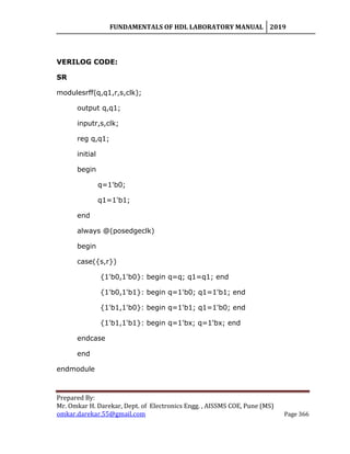 FUNDAMENTALS OF HDL LABORATORY MANUAL 2019
Prepared By:
Mr. Omkar H. Darekar, Dept. of Electronics Engg. , AISSMS COE, Pune (MS)
omkar.darekar.55@gmail.com Page 366
VERILOG CODE:
SR
modulesrff(q,q1,r,s,clk);
output q,q1;
inputr,s,clk;
reg q,q1;
initial
begin
q=1'b0;
q1=1'b1;
end
always @(posedgeclk)
begin
case({s,r})
{1'b0,1'b0}: begin q=q; q1=q1; end
{1'b0,1'b1}: begin q=1'b0; q1=1'b1; end
{1'b1,1'b0}: begin q=1'b1; q1=1'b0; end
{1'b1,1'b1}: begin q=1'bx; q=1'bx; end
endcase
end
endmodule
 