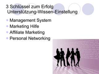 3 Schlüssel zum Erfolg  Unterstützung-Wissen-Einstellung Management System Marketing Hilfe Affiliate Marketing Personal Networking 