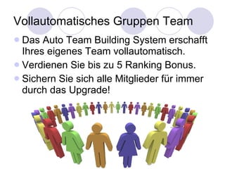 Vollautomatisches Gruppen Team Das Auto Team Building System erschafft Ihres eigenes Team vollautomatisch. Verdienen Sie bis zu 5 Ranking Bonus. Sichern Sie sich alle Mitglieder für immer durch das Upgrade! 