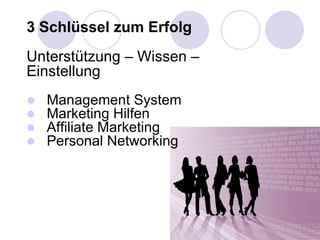 3 Schlüssel zum Erfolg Unterstützung – Wissen – Einstellung   Management System   Marketing Hilfen   Affiliate Marketing   Personal Networking 