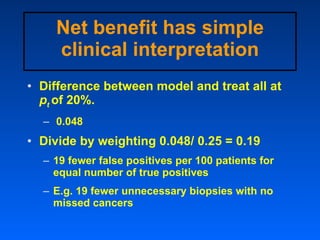 Net benefit has simple clinical interpretation <ul><li>Difference between model and treat all at  p t  of 20%. </li></ul><...