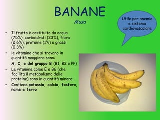 BANANE
Musa
• Il frutto è costituito da acqua
(75%), carboidrati (23%), fibra
(2,6%), proteine (1%) e grassi
(0,3%)
• le vitamine che si trovano in
quantità maggiore sono:
A, C, e del gruppo B (B1, B2 e PP)
• Le vitamine come E e B6 (che
facilita il metabolismo delle
proteine) sono in quantità minore.
• Contiene potassio, calcio, fosforo,
rame e ferro
Utile per anemia
e sistema
cardiovascolare
 