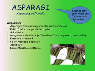 ASPARAGI
Asparagus officinalis
Composizione:
• Asparagina (amminoacido utile alla sintesi proteica)
• Rutina (rinforza le pareti dei capillari)
• Acido folico
• Manganese e vitamina A (effetto benefico su legamenti, reni e pelle)
• Fosforo e vitamina B
• Calcio, magnesio e potassio
• Acqua 90%
• Non contengono colesterolo
Secondo certi
studi hanno una
funzione anti-
depressiva!
 