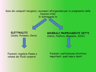 Sono dei composti inorganici, necessari all’organismo per lo svolgimento delle
funzioni vitali.
Si distinguono in:
ELETTROLITI
(Sodio, Potassio, Cloro)
MINERALI PROPRIAMENTE DETTI
(Calcio, Fosforo, Magnesio, Zolfo)
Funzioni: regolare flusso e
volume dei fluidi corporei
Funzioni: costituiscono strutture
importanti, quali ossa e denti
 