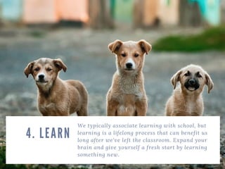 We typically associate learning with school, but
learning is a lifelong process that can benefit us
long after we've left the classroom. Expand your
brain and give yourself a fresh start by learning
something new.
4. LEARN
 