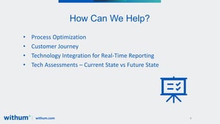 withum.com
How Can We Help?
• Process Optimization
• Customer Journey
• Technology Integration for Real-Time Reporting
• Tech Assessments – Current State vs Future State
9
 