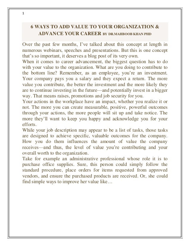 6 WAYS TO ADD VALUE TO YOUR ORGANIZATION & ADVANCE YOUR CAREER by Dr.…
