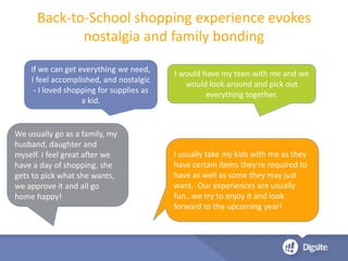 We usually go as a family, my
husband, daughter and
myself. I feel great after we
have a day of shopping, she
gets to pick what she wants,
we approve it and all go
home happy!
Back-to-School shopping experience evokes
nostalgia and family bonding
I would have my teen with me and we
would look around and pick out
everything together.
I usually take my kids with me as they
have certain items they're required to
have as well as some they may just
want. Our experiences are usually
fun…we try to enjoy it and look
forward to the upcoming year!
If we can get everything we need,
I feel accomplished, and nostalgic
- I loved shopping for supplies as
a kid.
 