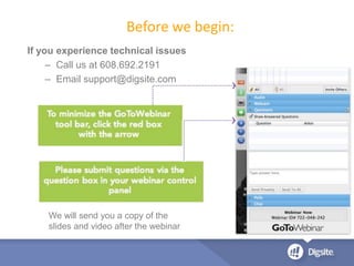 If you experience technical issues
– Call us at 608.692.2191
– Email support@digsite.com
Before we begin:
We will send you a copy of the
slides and video after the webinar
 