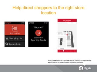 Help direct shoppers to the right store
location
http://www.indoorlbs.com/new-blog-1/2015/4/23/targets-apple-
watch-app-for-in-store-shopping-is-just-the-beginning
 