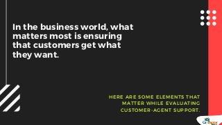 HERE ARE SOME ELEMENTS THAT
MATTER WHILE EVALUATING
CUSTOMER-AGENT SUPPORT.
In the business world, what
matters most is en...