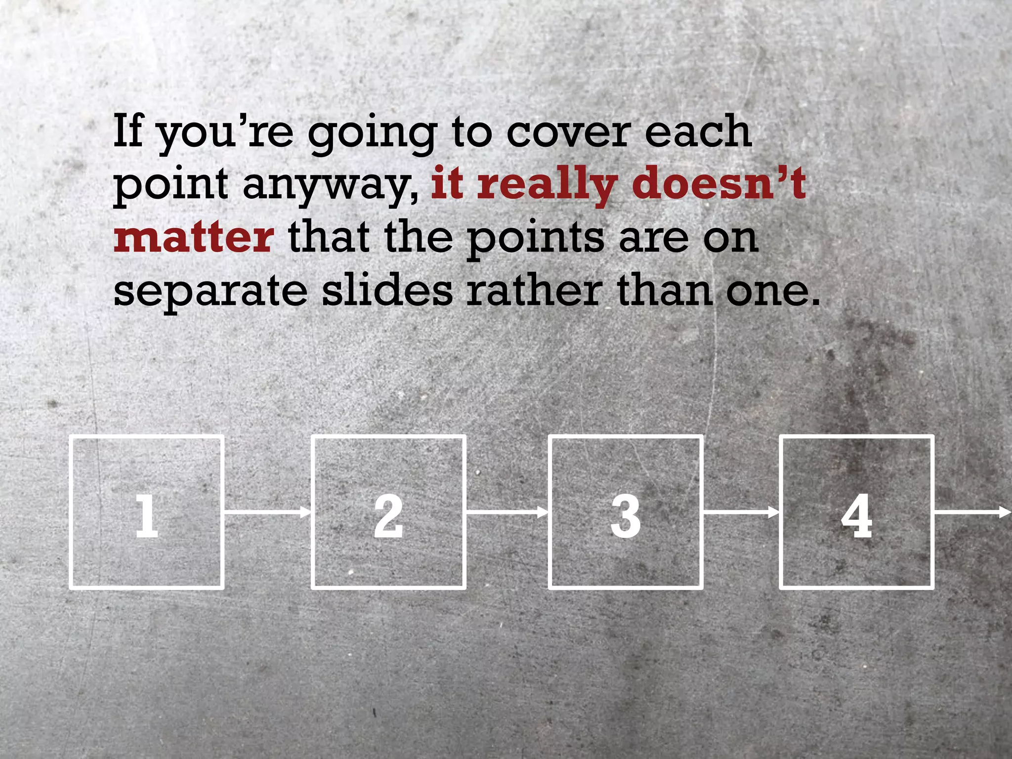 If you’re going to cover each
point anyway, it really doesn’t
matter that the points are on
separate slides rather than one.
1 2 3 4
 