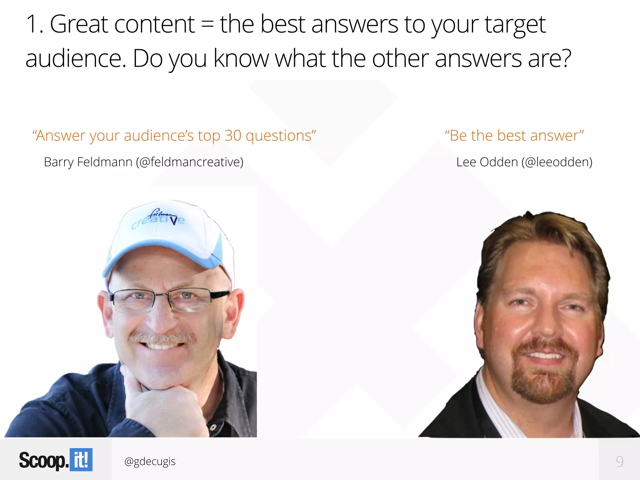 @gdecugis 9
1. Great content = the best answers to your target
audience. Do you know what the other answers are?
“Be the best answer”
Lee Odden (@leeodden)
“Answer your audience’s top 30 questions”
Barry Feldmann (@feldmancreative)
 
